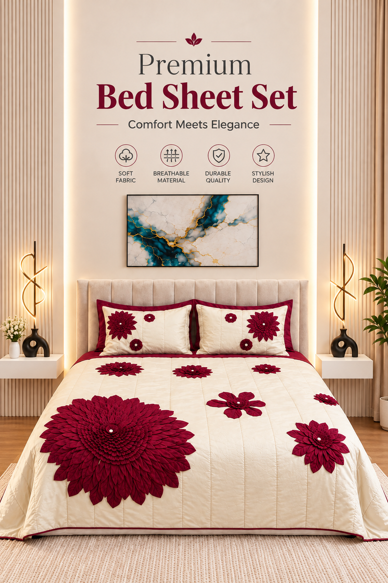 A premium bed sheet set displayed on a neatly made bed in a modern bedroom. The set features a cream-colored quilted cover with large deep red floral patterns and matching red pillowcases.