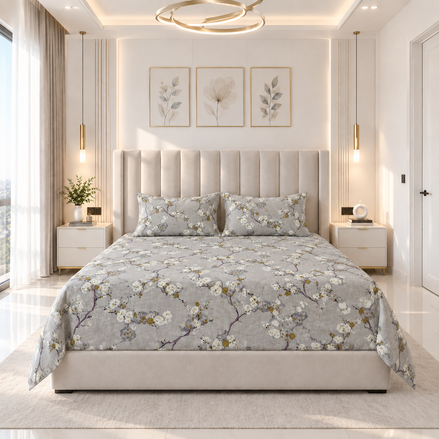 Premium Silver Mist Floral Cotton Bedsheet