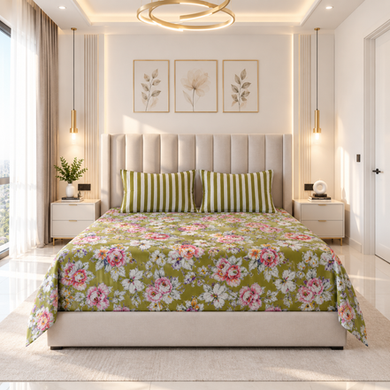Premium Olive Floral Cotton Bedsheet