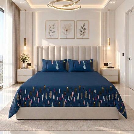 Premium Navy Feather Cotton Bedsheet